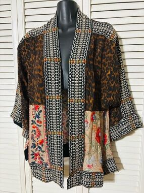 John Mark Mixed-Print Open Front Kimono Jacket - Brown Leopard & Floral